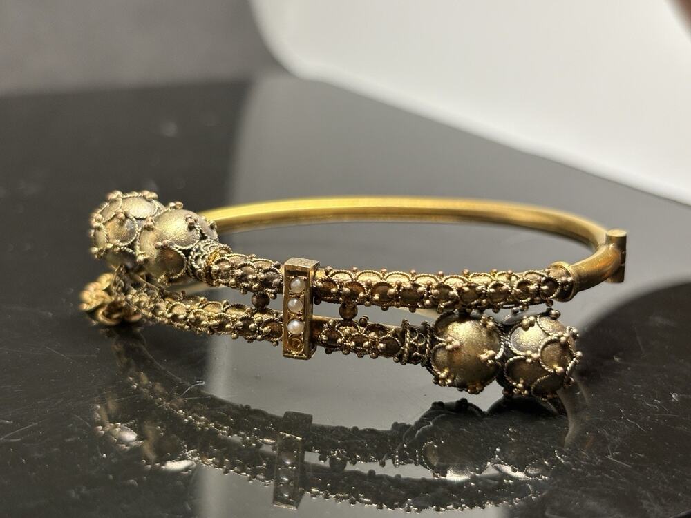 Antique Victorian Gold Filled Seed Pearl Etruscan Revival Bypass Bracelet Bangle
